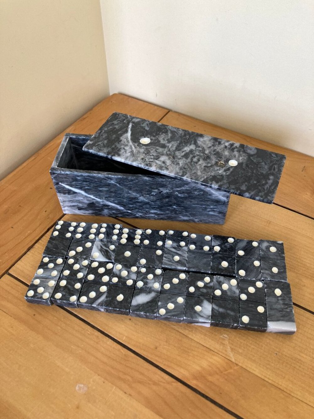 Marble Dominoes Game Box with Lid & 20 Domino Tiles Grey White Stone